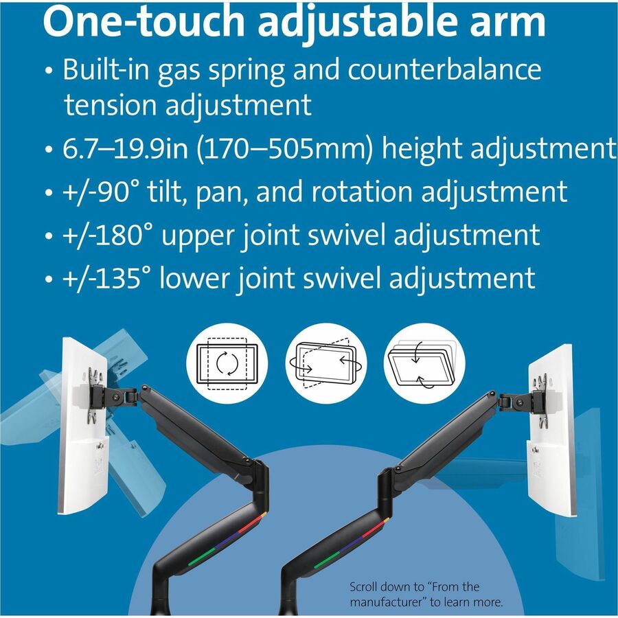 Kensington SmartFit Mounting Arm for Monitor, Curved Screen Display, Flat Panel Display - Black - Landscape/Portrait - Height Adjustable - 1 Display(s) Supported - 13" to 34" Screen Support - 19.84 lb Load Capacity - 75 x 75, 100 x 100 - VESA Mount Compat