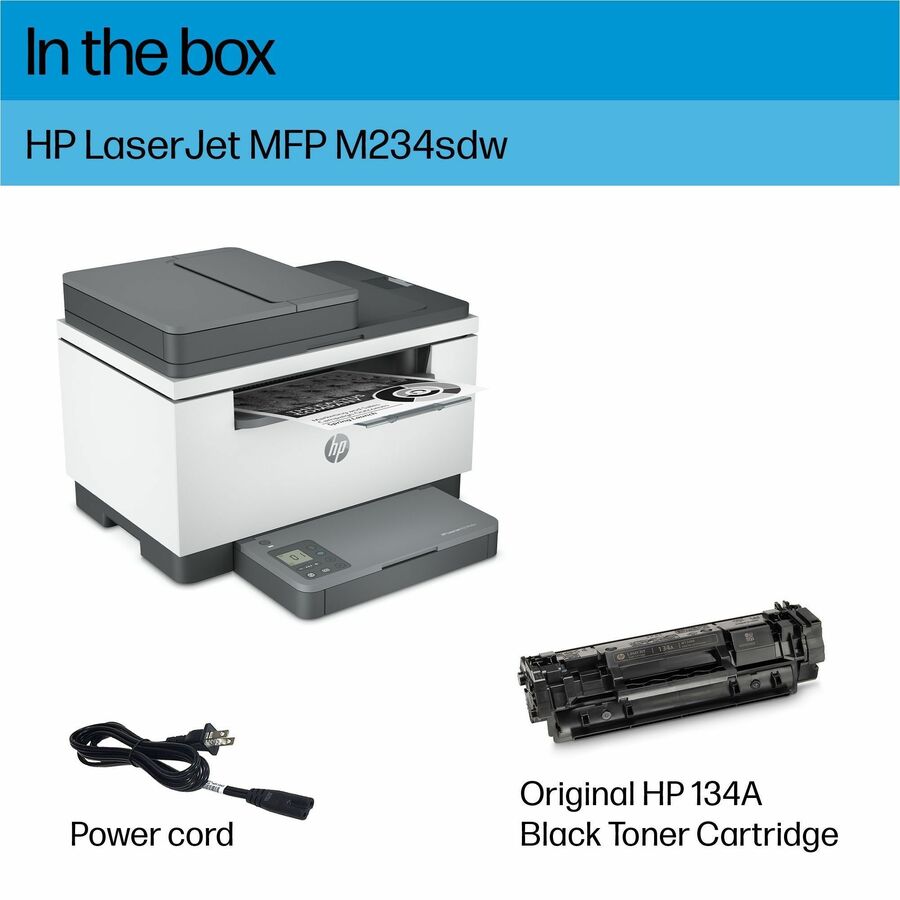 HP LaserJet M234sdw Laser Multifunction Printer-Monochrome-Copier/Scanner-30 ppm Mono Print-600x600 dpi Print-Automatic Duplex Print-20000 Pages-150 sheets Input-Color Flatbed Scanner-600 dpi Optical Scan-Wireless LAN-Apple AirPrint-HP Smart App