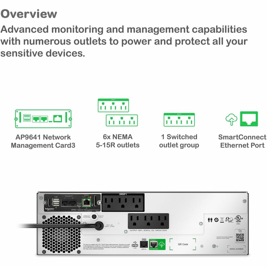 APC Smart-UPS, Line Interactive, 1500VA, Lithium-ion, Rackmount 3U, 120V, 6x NEMA 5-15R outlets, SmartConnect Port+Network Card, Short Depth, AVR, LCD