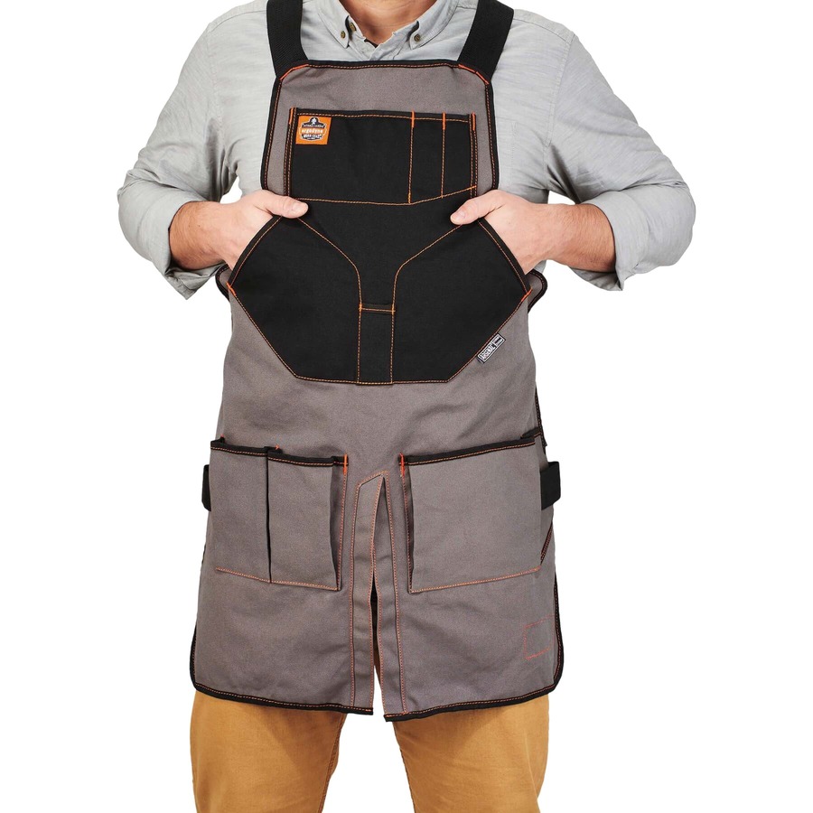 Ergodyne Arsenal 5705 Extended Canvas Tool Apron - 13 x Waist/Chest Pocket - Canvas - For Hammer, Hardware, Carpentry, Automotive, Nail, Screwdriver, Key, ID Badge, Lanyard, ... - Gray - 1 Each