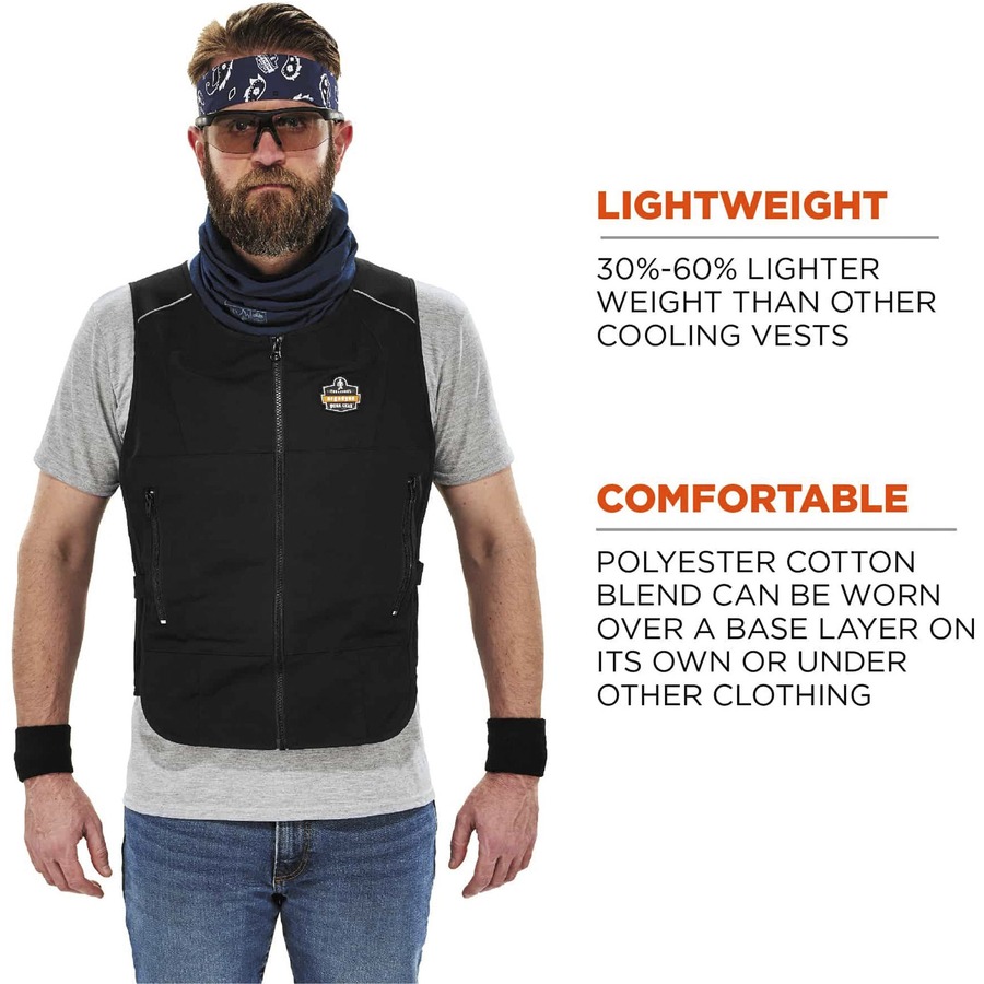 Chill-Its 6260 Safety Vest - Recommended for: Pulp & Paper, Motorcycle, Biking, Indoor, Outdoor - Large/Extra Large Size - 52" Chest - Zipper Closure - Polyester, Cotton - Black - Lightweight, Flexible, Adjustable, Heavy Duty, Pocket, Long Lasting - 1 Eac