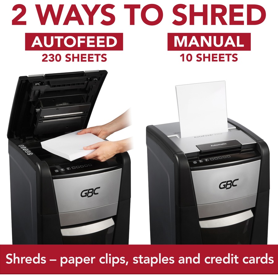 GBC AutoFeed+ Small Office Shredder, 230X, Super Cross-Cut, 230 Sheets - Continuous Shredder - Super Cross Cut - 10 Per Pass - for shredding Credit Card, Paper Clip, Staples, Paper - P-4 - 30 Minute Run Time - 60.57 L Wastebin Capacity - Black - Cross-Cut/Confetti-Cut Shredders - GBCWSM1757606