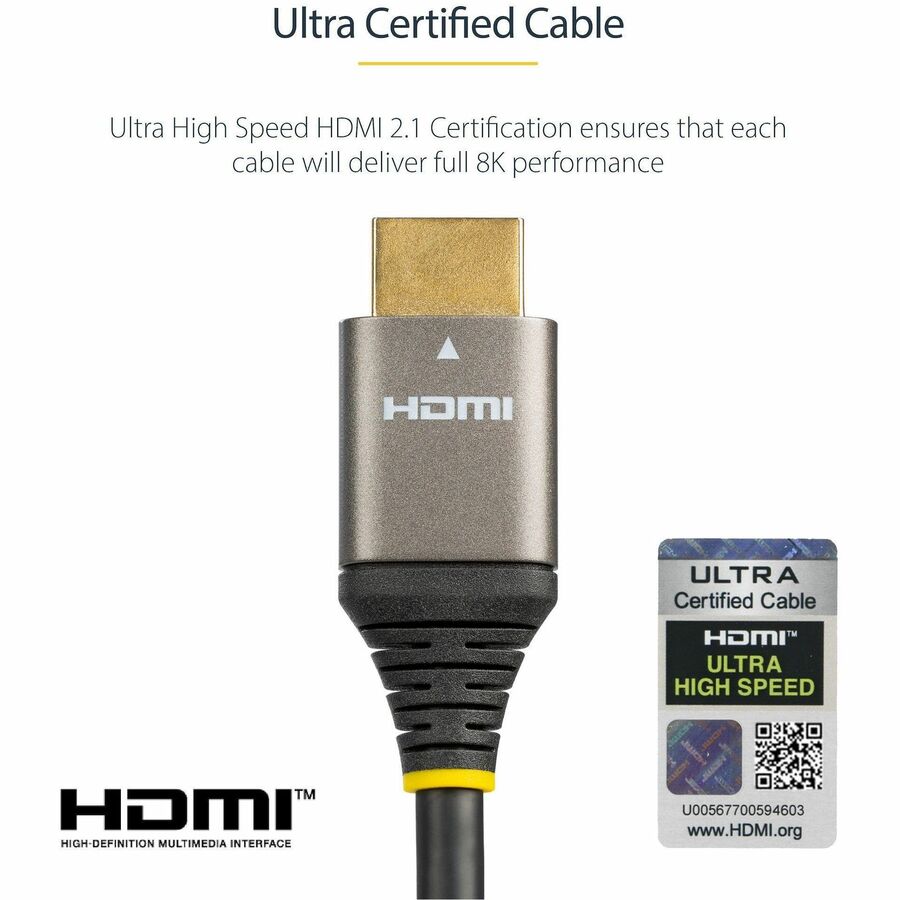 StarTech 6ft/2m HDMI 2.1 Cable, Certified Ultra High Speed HDMI Cable 48Gbps, 8K 60Hz/4K 120Hz HDR10+, 8K HDMI Cable, Monitor/Display