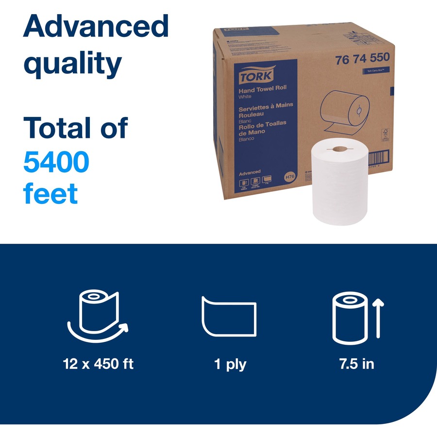 TORK Advanced Hand Towel Roll - 1 Ply - 1 15/16" Core - Texture - White - Paper - 12 Roll