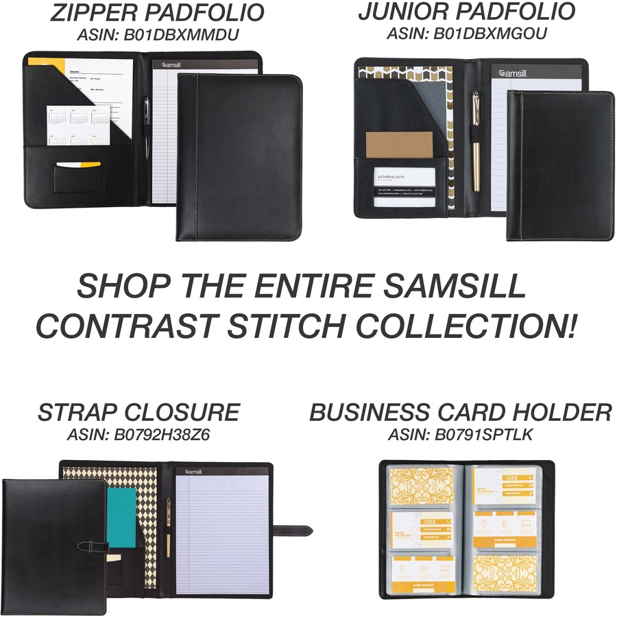 Samsill Contrast Stitch Leather Ring Binder - 1" Binder Capacity - Letter - 8 1/2" x 11" Sheet Size - 200 Sheet Capacity - 1" Ring - Round Ring Fastener(s) - 2 Internal Pocket(s) - Bonded Leather, LeatherGrain - Black - Durable, Spine, Rivet - 1 Each