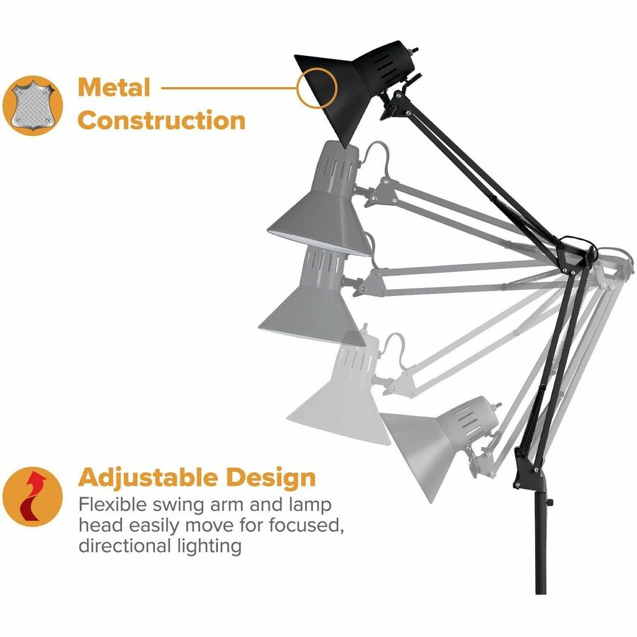 Bostitch Swing Arm Floor Lamp, Black - 72" Height - 9 W LED Bulb - Swivel Arm, Weighted Base, Glare-free Light, Flicker-free, Adjustable Arm, Durable, Eco-friendly - 700 lm Lumens - Metal - Floor-mountable - Black - for Office, Workspace, Lounge, Home, Ro