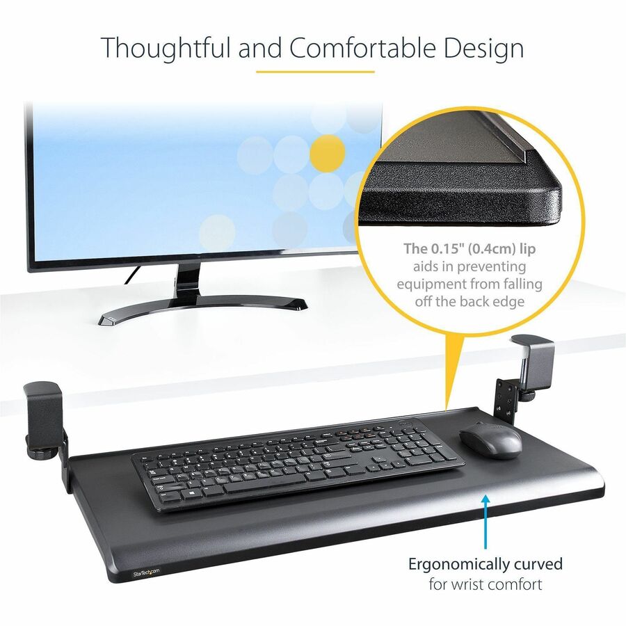 StarTech.com Under Desk Keyboard Tray, Clamp on Keyboard Holder, Up to 12kg/26.5lb, Height Adjustable, Ergonomic Sliding Keyboard Drawer