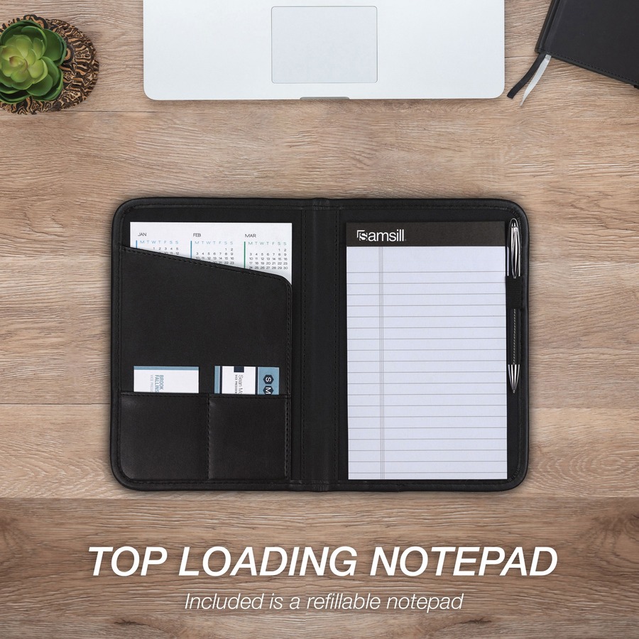 Samsill Pad Folio - 4 Internal Pocket(s) - Synthetic Leather, Polyvinyl Chloride (PVC) - Black - Padded, Stitched, Pen Loop, Notepad, Document Pocket, Business Card Holder, Refillable - 0% Recycled - 1 Each