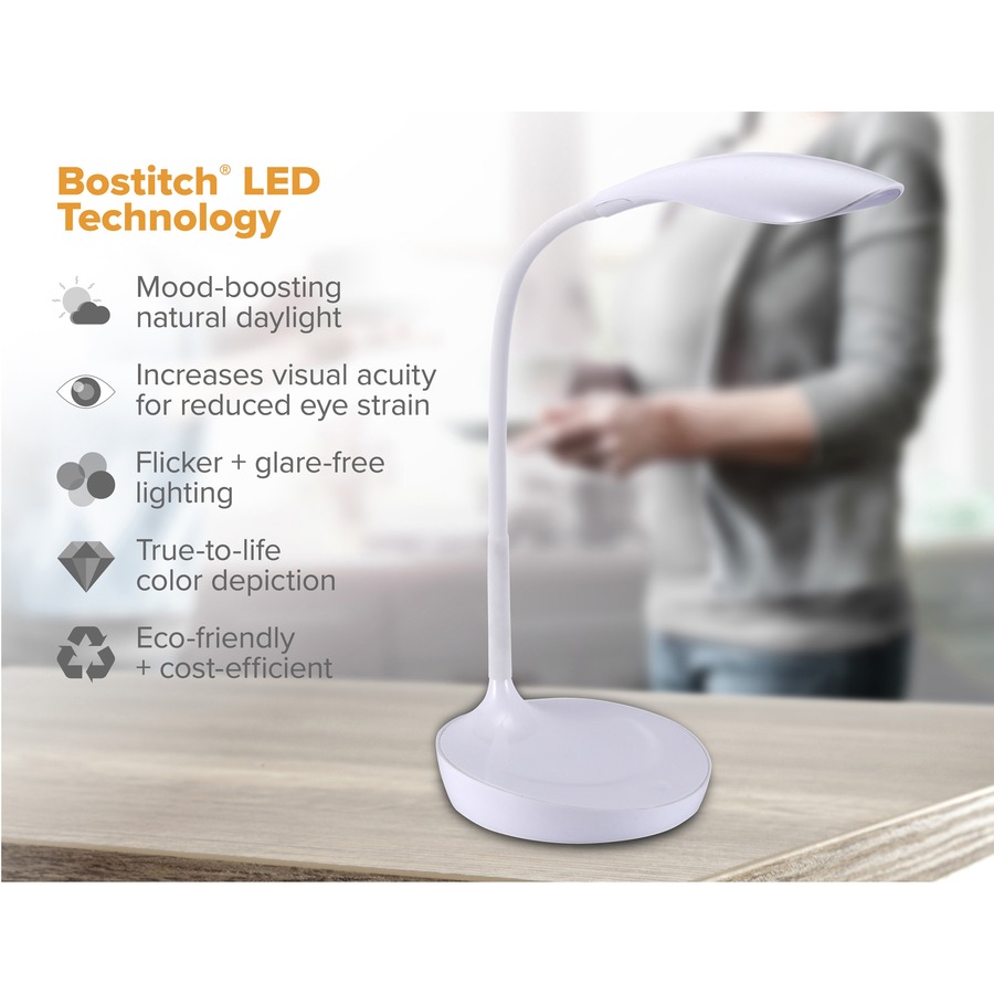 Bostitch Konnect Gooseneck LED Desk Lamp - LED Bulb - Dimmable, Gooseneck, Touch Sensitive Control Panel, Adjustable Brightness, Flexible, Flicker-free, Glare-free Light, Eco-friendly, USB Charging - Desk Mountable - White - for Office, Smartphone, Smart 
