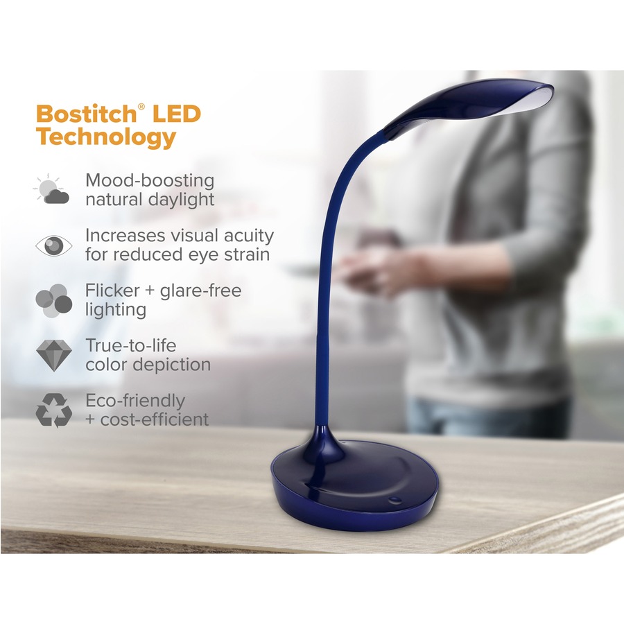 Bostitch Gooseneck LED Desk Lamp - 4.50 W LED Bulb - USB Charging, Gooseneck, Touch Sensitive Control Panel, Adjustable Brightness, Dimmable, Flexible Neck, Flicker-free, Glare-free Light, Eco-friendly - 480 lm Lumens - Desk Mountable - Blue - for Office,