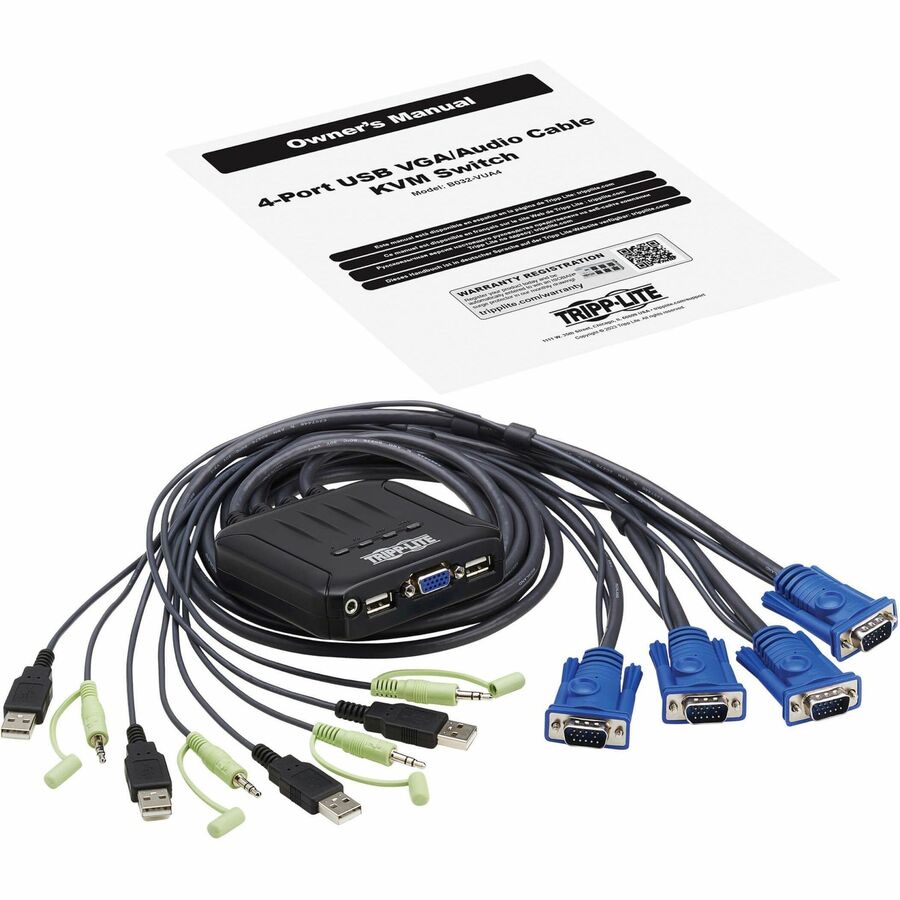 Tripp Lite by Eaton 4-Port VGA KVM Switch with Built-In VGA, USB and 3.5 mm Audio Cables