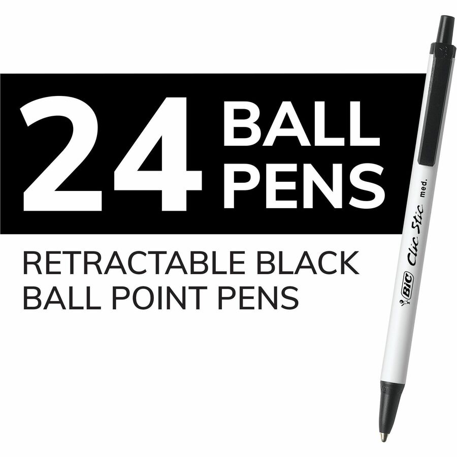 BIC Clic Stic Retractable Ballpoint Pens - Medium Pen Point - Retractable - Black - White Barrel - Brass Tip - 24 / Box - Ballpoint Retractable Pens - BICCSM241BLK