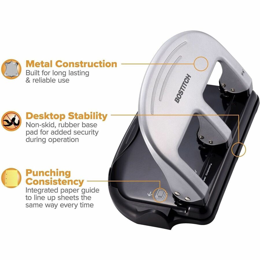 Bostitch EZ-Squeeze 3-Hole Punch - 3 Punch Head(s) - 40 Sheet - Metal