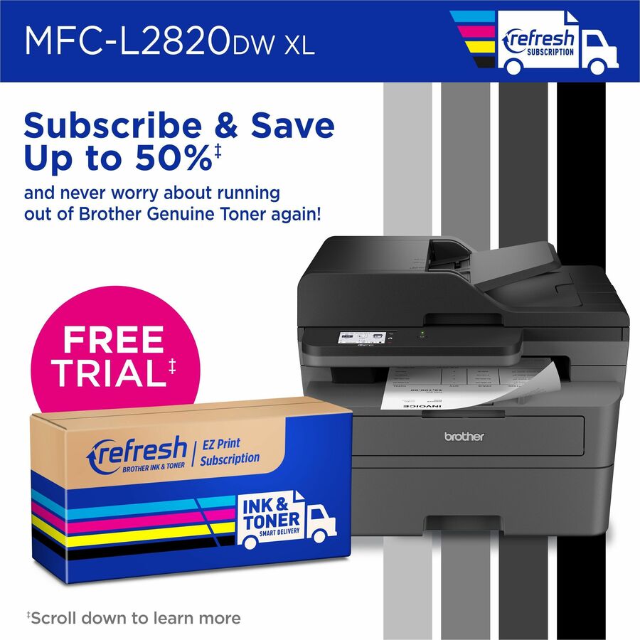 Brother Wireless MFC-L2820DW XL Compact Monochrome All-in-One Laser Printer with Copy, Scan and Fax, up to 4,200 pages¹ of toner included, Duplex and Mobile Printing - Copier/Fax/Printer/Scanner - 34 ppm Mono Print - 1200 x 1200 dpi Print - Automatic Dupl
