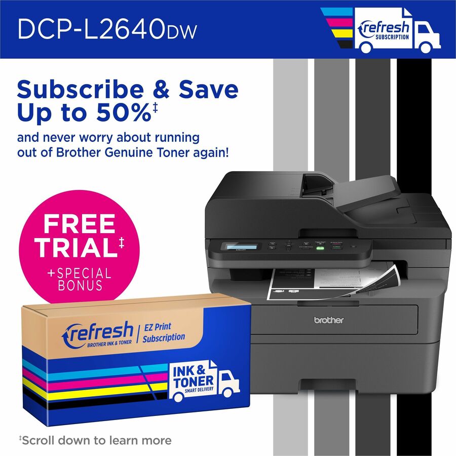 Brother Wireless DCP-L2640DW Compact Monochrome Multi-Function Laser Printer with Print, Copy and Scan, Duplex and Mobile Printing - Copier/Printer/Scanner - 36 ppm Mono Print - 1200 x 1200 dpi Print - Automatic Duplex Print - 1 x Input Tray 250 Sheet, 1 