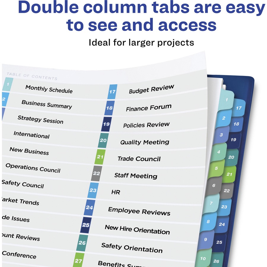 Avery® Two-Column Table Contents Dividers w/Tabs - 32 x Divider(s) - 1-32, Table of Contents - 32 Tab(s)/Set - 8.50" Divider Width x 11" Divider Length - 3 Hole Punched - White Paper Divider - Multicolor Paper Tab(s) - Index Dividers - AVE11322