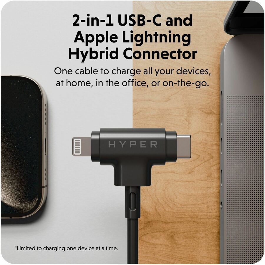 Hyper HyperJuice USB-C and Lightning Hybrid Silicone Cable (1.5m/5ft) - Black