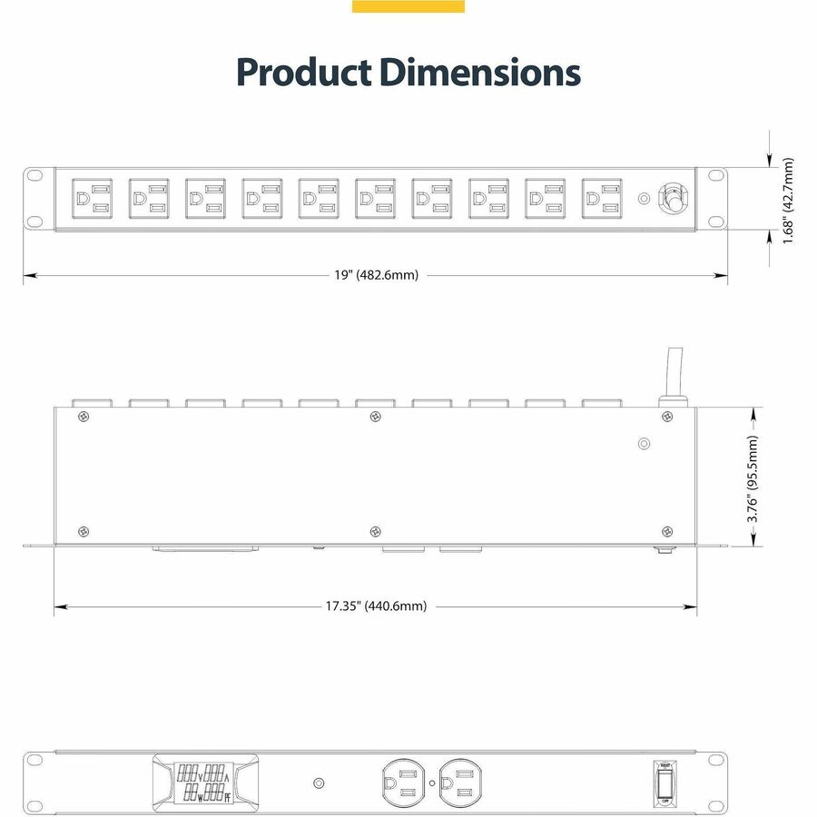 StarTech 12-Outlet Horizontal Rack Mount Metered PDU, 1U Server Power Strip w/Surge Protector, 125V/15A, 8ft (2.4m) Power Cord, TAA
