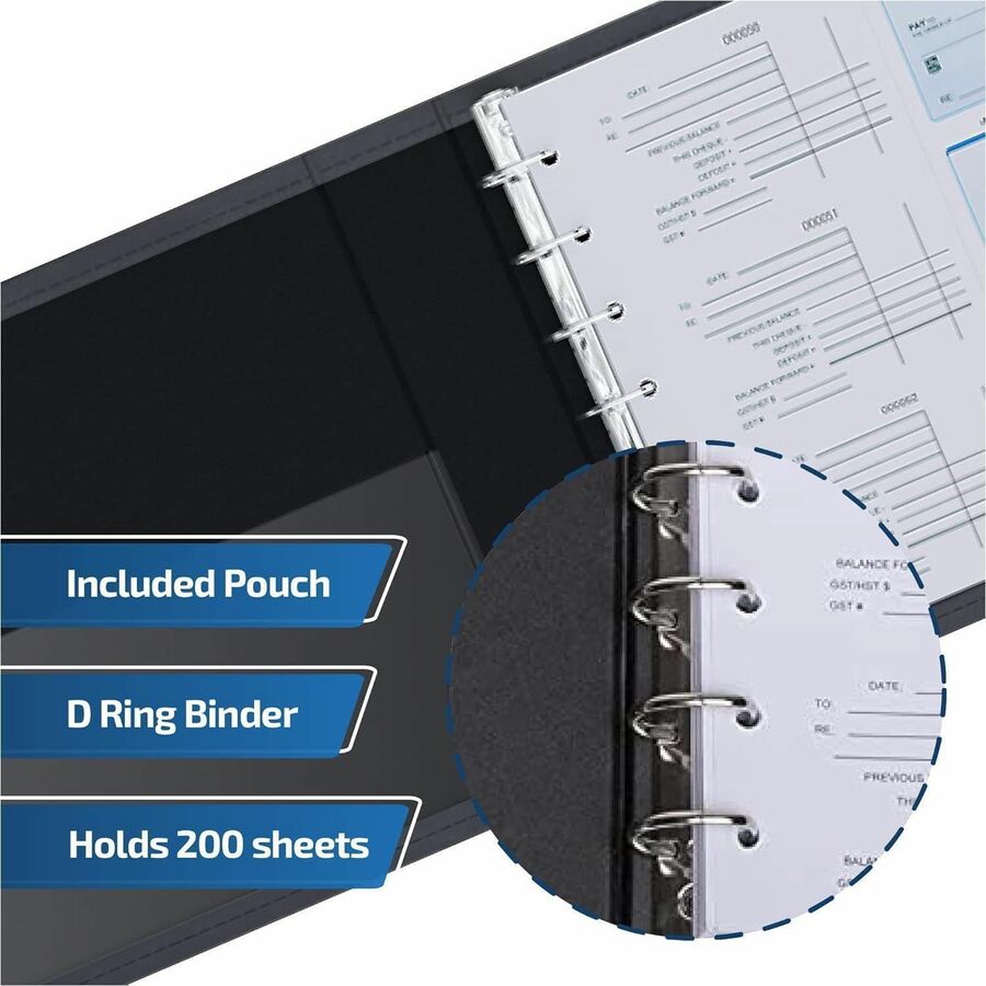 Davis Group Premium 3-Up Business Checkbook Binder - 200 Sheet Capacity - 7 Ring(s) - Pocket(s): Internal - Vinyl - Black - Pocket - 1 Each