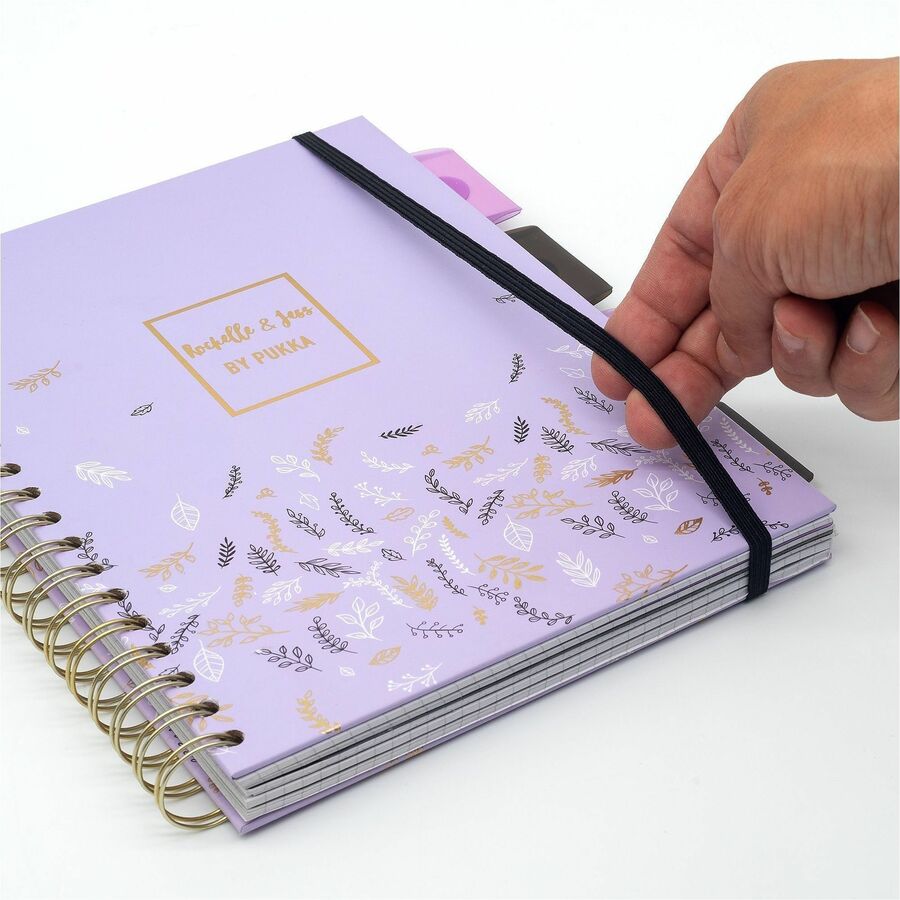 Pukka Pads Rochelle & Jess Notebook - 5 Subject(s) - 100 Sheets - Quad Ruled Front Ruling - Ruled Margin - 80 g/m² Grammage - 7 1/2" x 10" Sheet Size - Black, Lilac, Gold Cover - Graph Layout, Note Section, Repositionable Divider - 3 / Pack