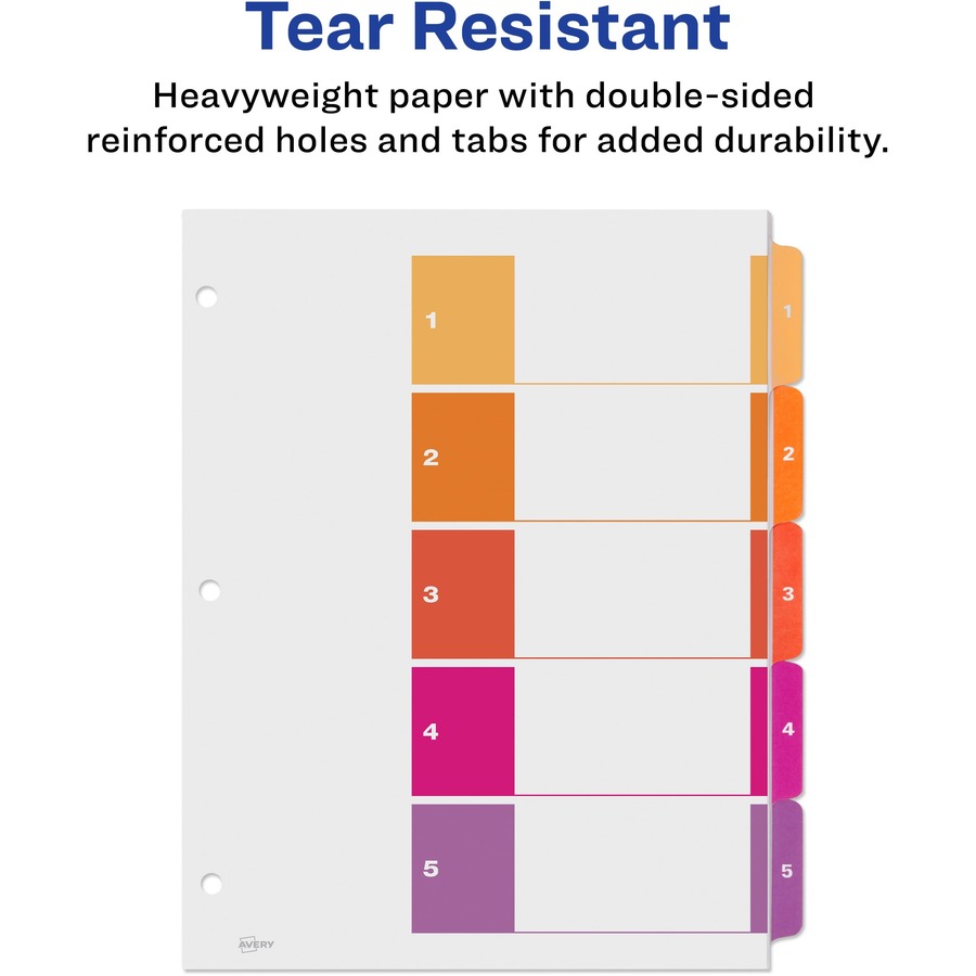 Avery® Ready Index Custom TOC Binder Dividers - 5 x Divider(s) - 1-5, Table of Contents - 5 Tab(s)/Set - 8.50" Divider Width x 11" Divider Length - 3 Hole Punched - White Paper Divider - Multicolor Paper Tab(s) - Index Dividers - AVE11131