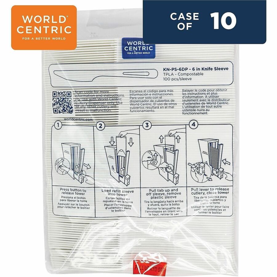 World Centric Compostable White Utensil Refill Sleeves - Knife - Knife - Cafeteria, Breakroom - Talc-filled Polylactic Acid (TPLA) - Light Beige, White - 1000 / Carton