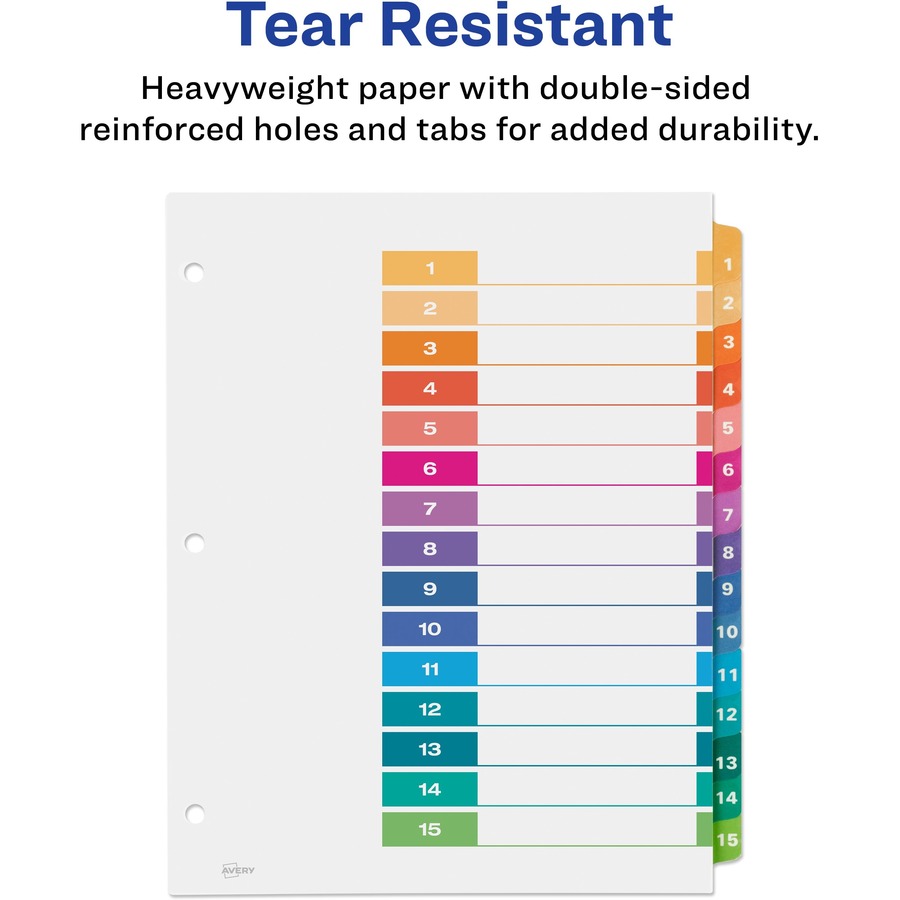 Avery® Ready Index Custom TOC Binder Dividers - 15 x Divider(s) - 1-15, Table of Contents - 15 Tab(s)/Set - 8.50" Divider Width x 11" Divider Length - 3 Hole Punched - White Paper Divider - Multicolor Paper Tab(s) - Index Dividers - AVE11143