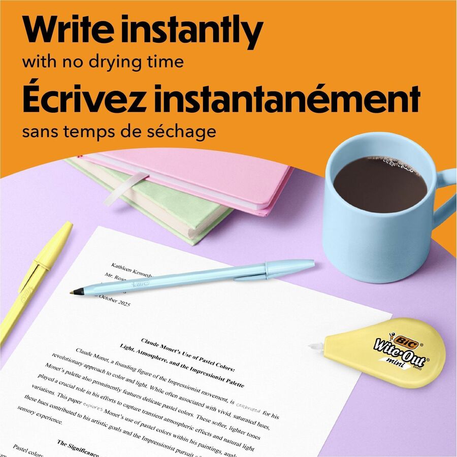 BIC Wite-Out Brand Mini Correction Tape, 6 Metres, 3-Count Pack of White Correction Tape, Pastel Body, Fast, Clean and Easy to Use Tear-Resistant Tape