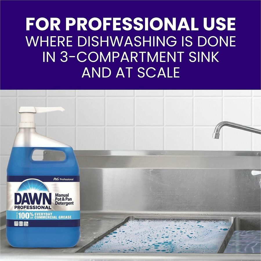 PGC15260 - Formulated for the foodservice environment, Dawn Professional Manual Pot and Pan Detergent helps remove greasy food soils from pots, pans and utensils with the grease-fighting power of Dawn. Long-lasting suds clean more dishes per sink, reduce sink changeover and save hot water vs. leading brand. You can also use on tough jobs in three-compartment sinks, food-contact surfaces, countertops, dining room tables, windows, tile walls and smallwares.Rebate: Up To 50% Savings on P&G Pro Case View Rebate Details
