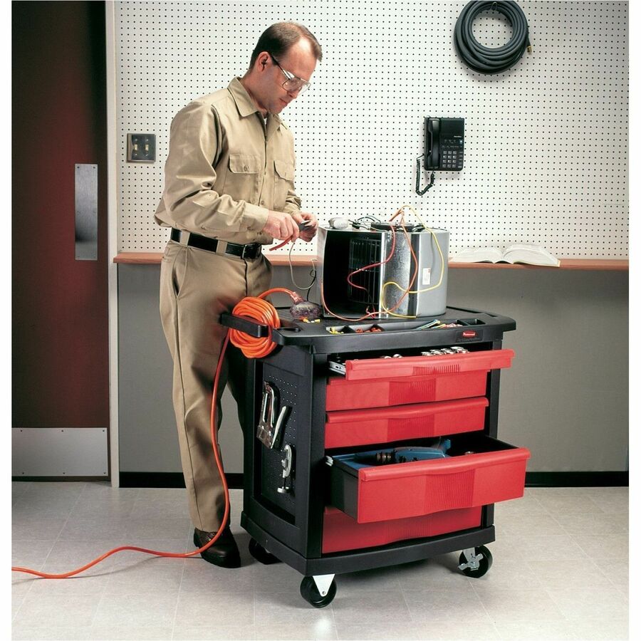 Rubbermaid Commercial 5 Drawer Mobile Work Center, Black - 5 Drawer - 250 lb Load Capacity - 4 Casters - 4" Caster Size - 32.63" Length x 19.90" Width x 33.50" Height - Black, Red - 1 Each
