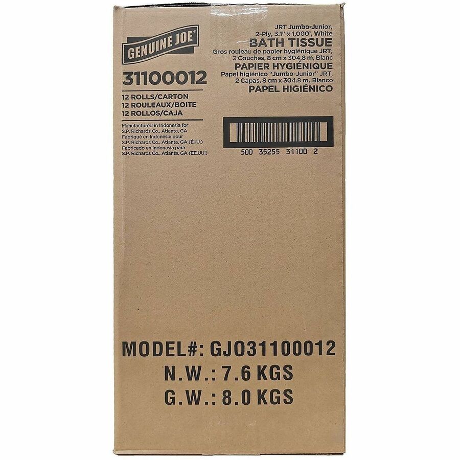 Genuine Joe Jumbo 2-Ply Bathroom Tissue - 2 Ply - 37.20" Width x 1000 ft Length - White - 1 Carton - Kennedy Office