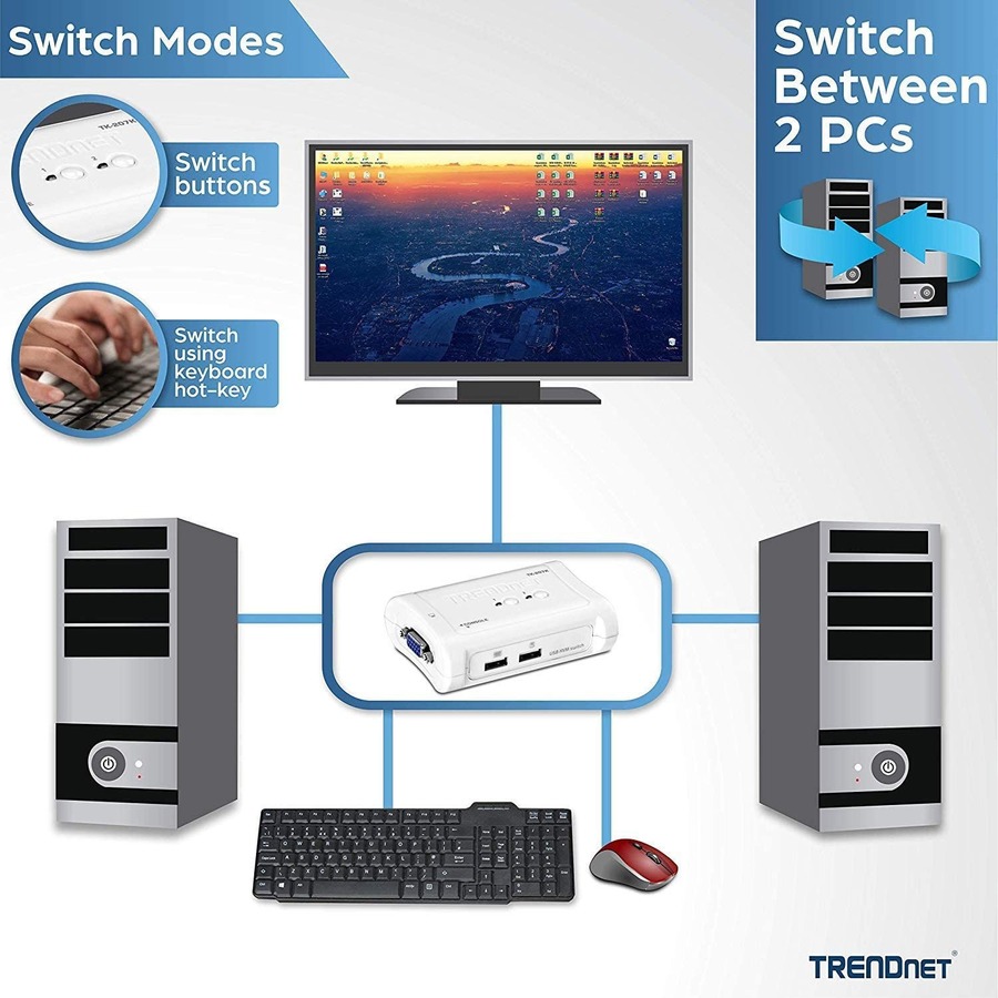 TRENDnet 2-Port USB KVM Switch And Cable Kit, 2048 x 1536 Resolution, Device Monitoring, Auto-Scan, Audible Feedback, USB 1.1, Compliant With Windows And Linux, Hot-Pluggable, White, TK-207K