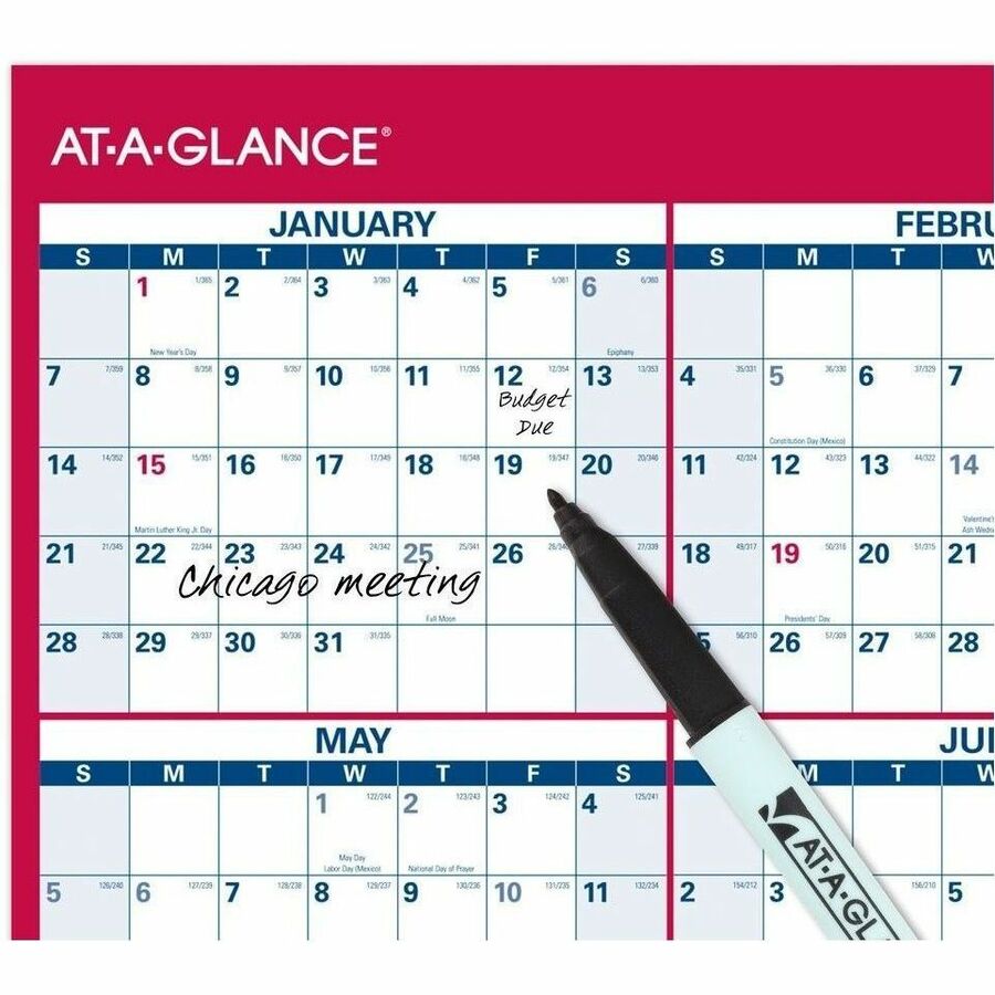 At-A-Glance Vertical Reversible Horizontal Erasable Wall Calendar - Extra Large Size - Julian Dates - Yearly - 12 Month - January 2024 - December 2024 - 48" x 32" White Sheet - 1.25" x 1.88" , 1.63" x 1.63" Block - Red - Laminate - Erasable, Reversible, W