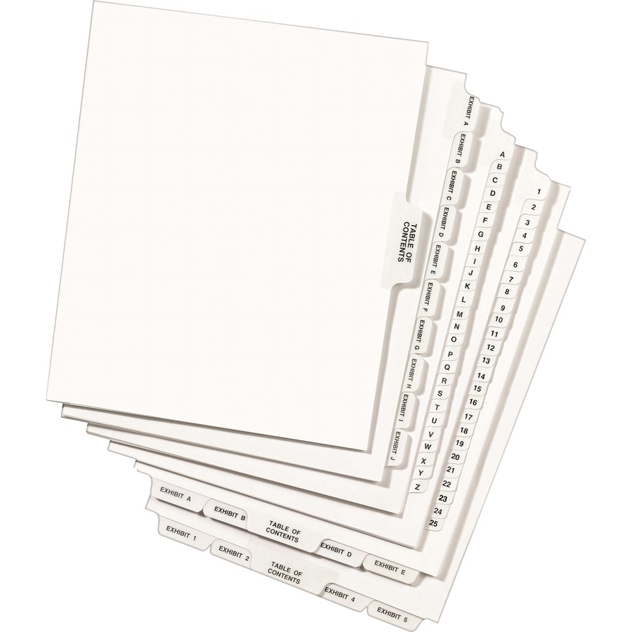 Avery® Individual Legal Exhibit Dividers - Avery Style - 25 x Divider(s) - Printed Tab(s) - Character - A - 1 Tab(s)/Set - 8.5" Divider Width x 11" Divider Length - Letter - White Paper Divider - White Tab(s) - Recycled - Reinforced Tab, Rip Proof, Un