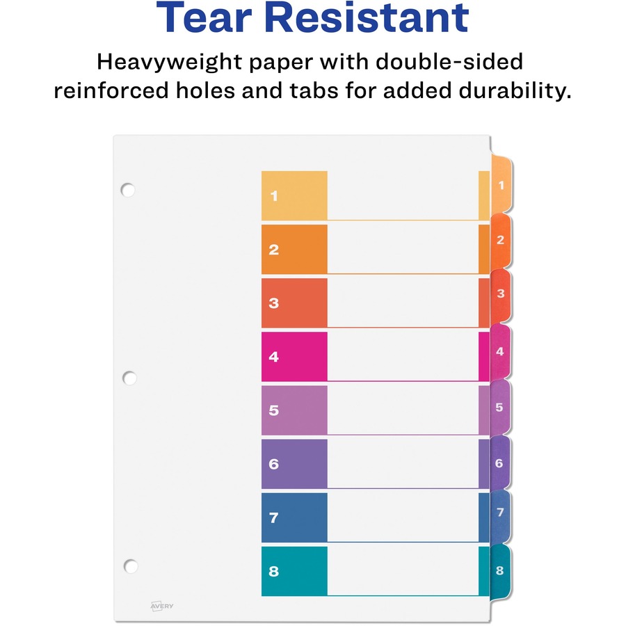 Avery® Ready Index Custom TOC Binder Dividers - 48 x Divider(s) - 1-8 - 8 Tab(s)/Set - 8.5" Divider Width x 11" Divider Length - 3 Hole Punched - White Paper Divider - Multicolor Paper Tab(s) - Recycled - 6 / Pack