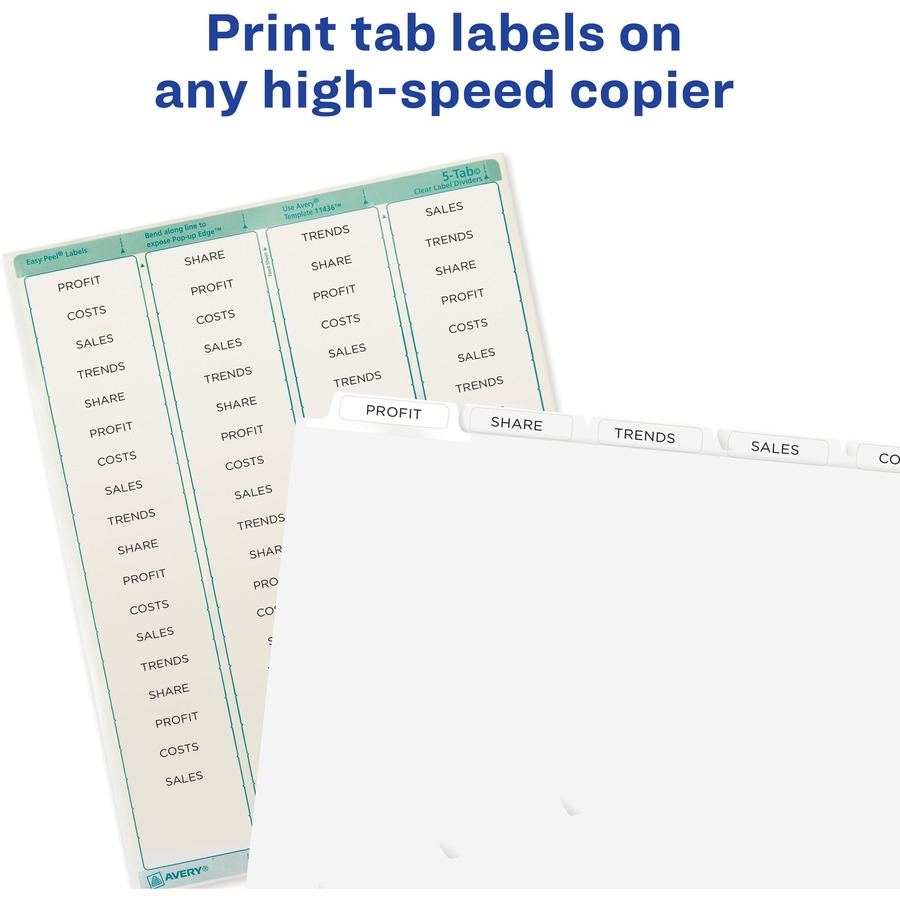 Avery® Print & Apply Clear Label Dividers - Index Maker Easy Peel Printable Labels - 5 x Divider(s) - Blank Tab(s) - 5 Tab(s)/Set - 8.5" Divider Width x 11" Divider Length - Letter - White Divider - White Tab(s) - Recycled - Punched - 5 / Pack
