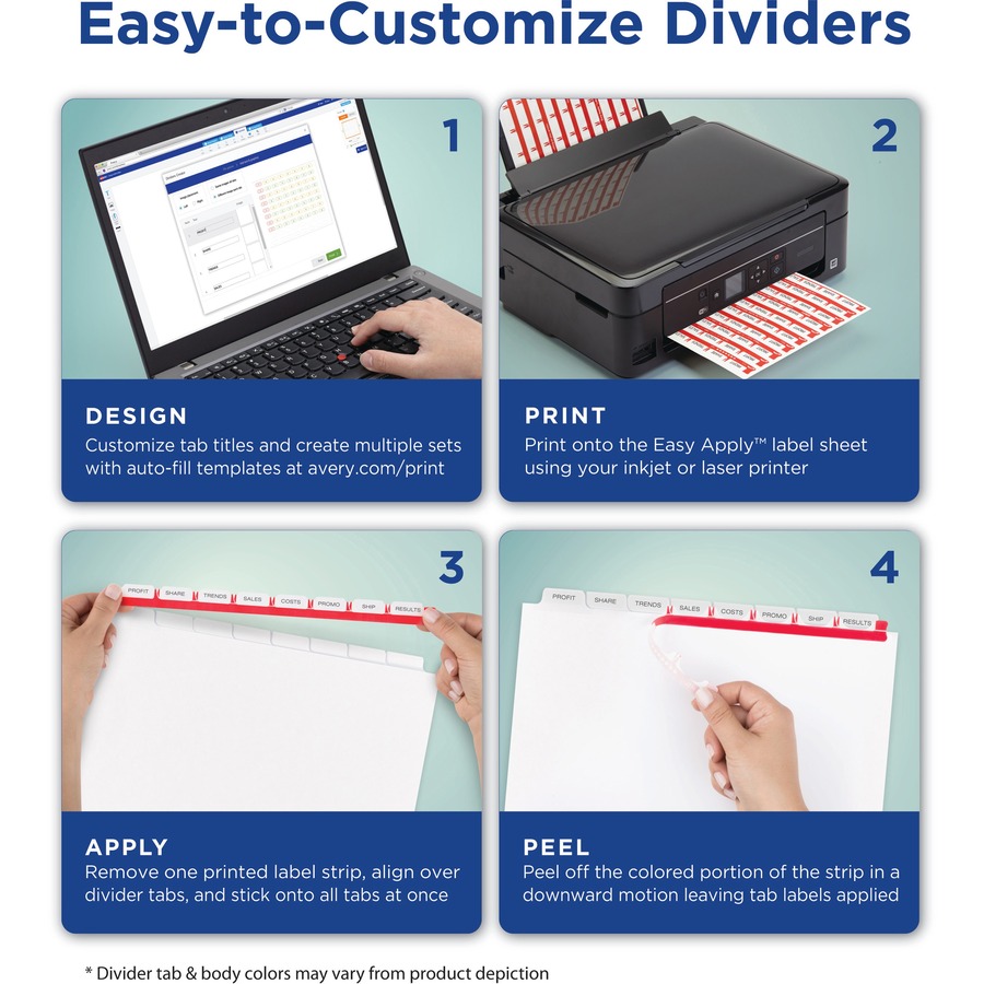 Avery® Print & Apply Label Unpunched Dividers - Index Maker Easy Apply Label Strip - 200 x Divider(s) - 8 Blank Tab(s) - 8 Tab(s)/Set - 8.5" Divider Width x 11" Divider Length - Letter - White Paper Divider - White Tab(s) - Recycled - Unpunched, Reinf