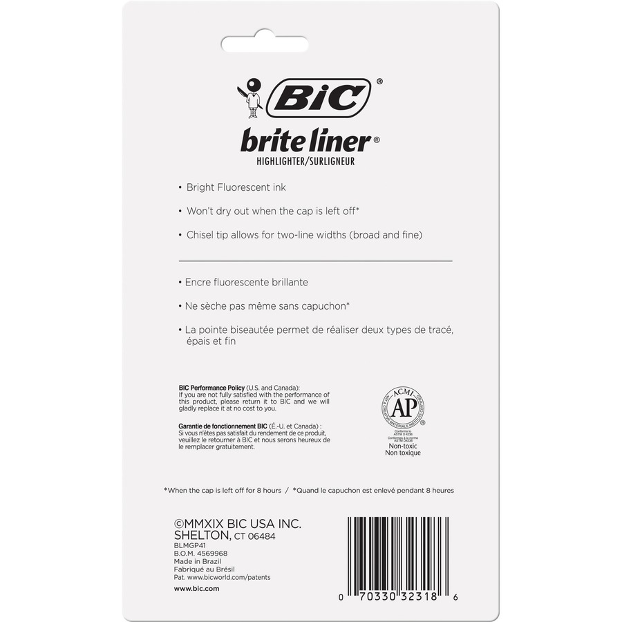 BIC Brite Liner Fluorescent Highlighters, Assorted Colors, Chisel Tip -  4/Set 