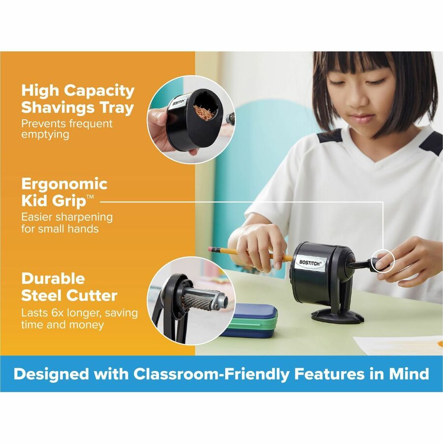 Bostitch Antimicrobial Manual Pencil Sharpener - Wall Mountable, Table Mountable - 8 Hole(s) - Metal - Black - 1 Each - Manual Pencil Sharpeners - BOSMPS1BLK