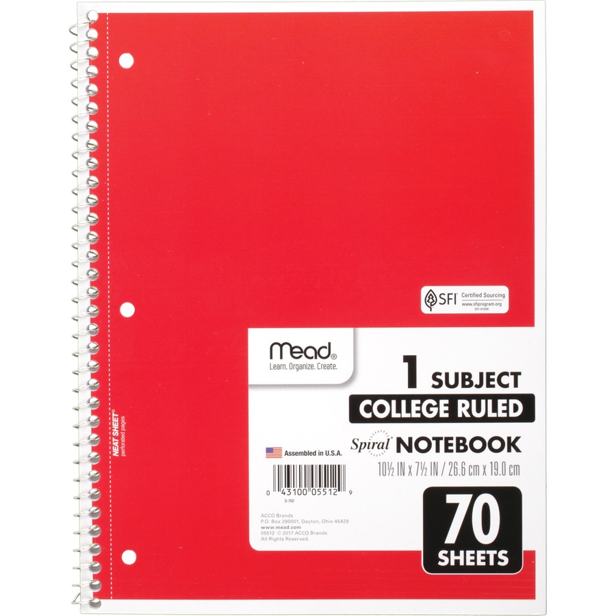 Mead One-subject Spiral Notebook - 70 Sheets - Spiral - College Ruled - 8" x 10 1/2" - White Paper - AssortedBoard Cover - Heavyweight, Punched - 1 Each