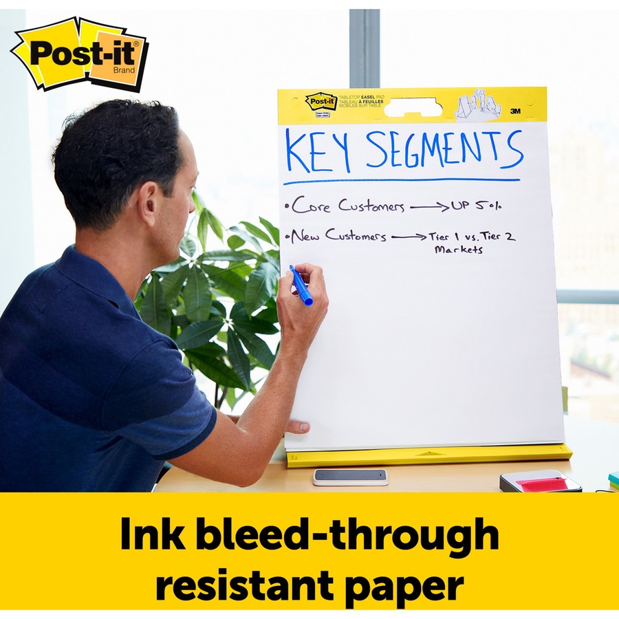 Post-it® Tabletop Easel Pads - 20 Sheets - Plain - Stapled - 18.50 lb Basis Weight - 20" x 23" - White Paper - Resist Bleed-through, Self-adhesive, Perforated, Built-in Stand, Repositionable, Refillable, Cardboard Back - 1 / Pad