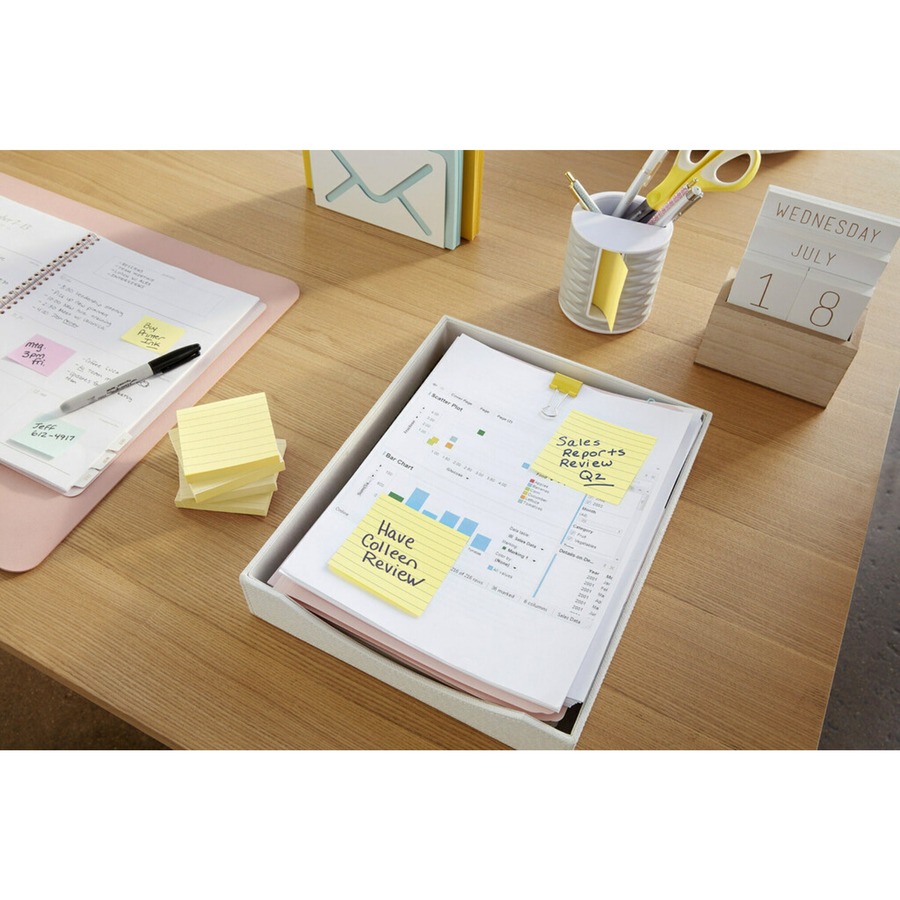 Post-it® Original Lined Notes, Canary Yellow, 3" x 5" , 100 Sheets/Pad, 12 Pads/PK - 1200 x Canary Yellow - 3" Flag/Note Width x 5" Flag/Note Length - Rectangle - 100 Sheets per Pad - Ruled - Canary Yellow - Paper - Self-adhesive, Repositionable, Recy