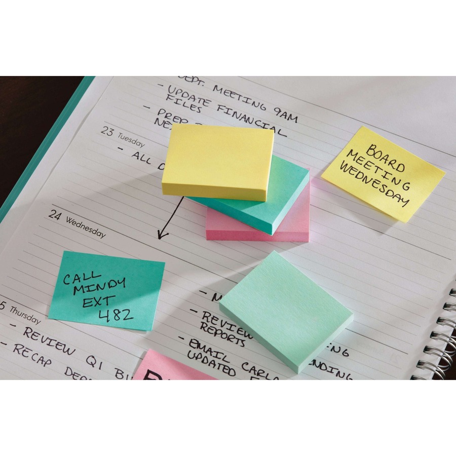 Post-it® Notes - Beachside Café Color Collection - 1200 - 1 1/2" x 2" - Rectangle - 100 Sheets per Pad - Unruled - Fresh Mint, Aqua Splash, Sunnyside, Papaya Fizz, Guava - Paper - Self-adhesive, Repositionable - 12 / Pack