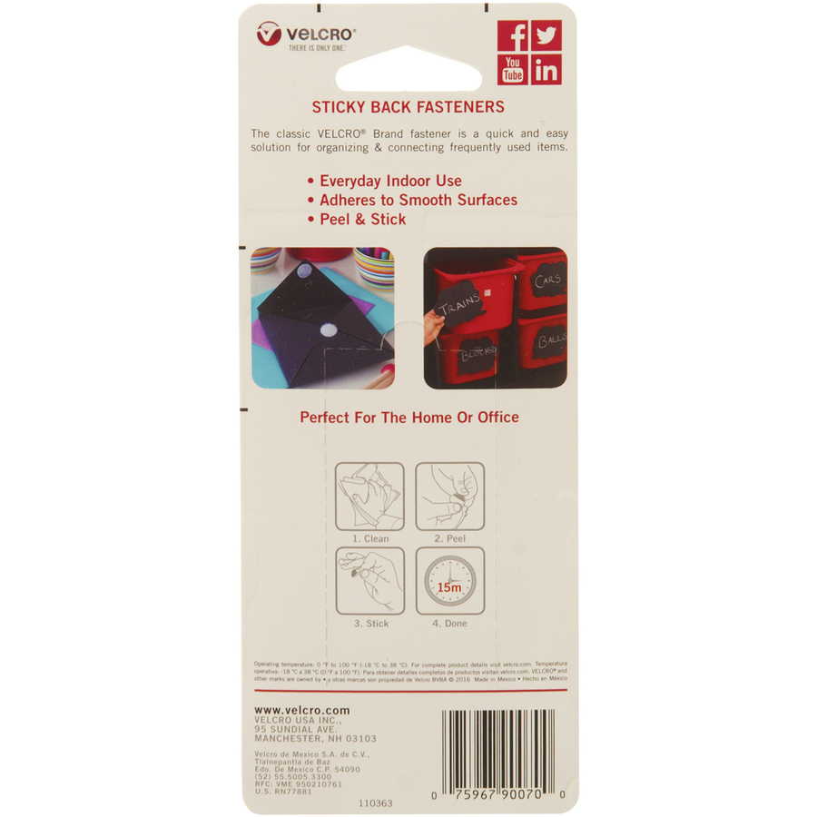 VELCRO Sticky Back Hook & Loop Fasteners - 5/8 Diameter Dots, White,  15/Pack 