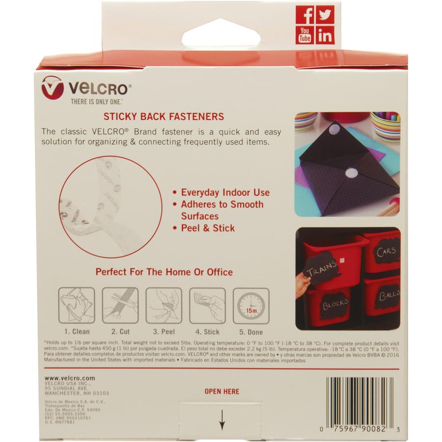 VELCRO® Sticky Back Tape - 15 ft (4.6 m) Length x 0.75" (19.1 mm) Width - 1 / Roll - White - Hook & Loop/VELCRO Tapes - VEK90082C