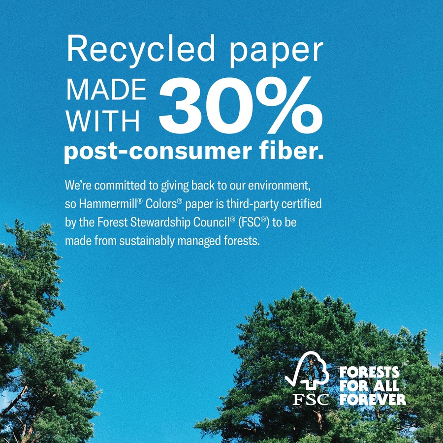 Hammermill Colors Recycled Copy Paper - Blue - Letter - 8 1/2" x 11" - 20 lb Basis Weight - Smooth - 500 / Ream - Sustainable Forestry Initiative (SFI) - Archival-safe, Acid-free, Jam-free - Blue
