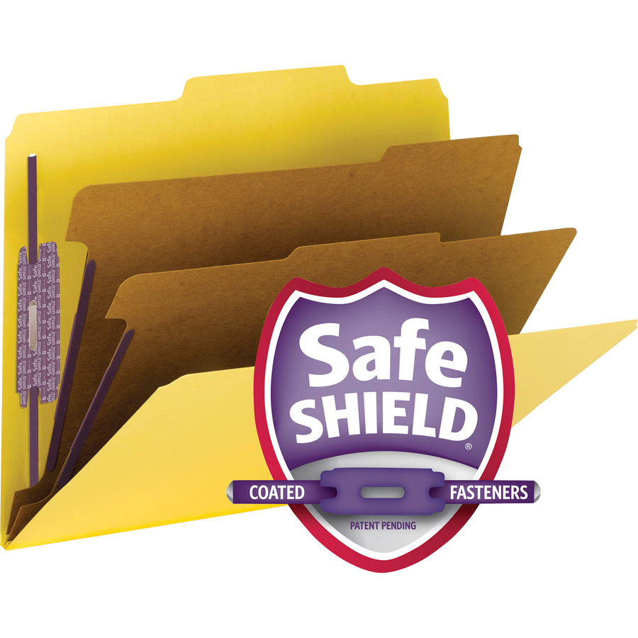 Smead SafeSHIELD 2/5 Tab Cut Letter Recycled Classification Folder - 8 1/2" x 11" - 2" Expansion - 2 x 2S Fastener(s) - 2" Fastener Capacity for Folder - Top Tab Location - Right of Center Tab Position - 2 Divider(s) - Pressboard - Yellow - 100% Recycled  - Pressboard Classification Folders - SMD14034