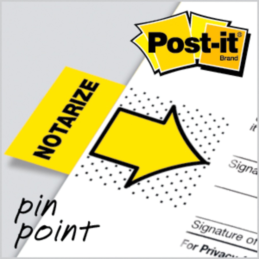 Post-it® Message Flags - 100 - 1" x 1 3/4" - Arrow, Rectangle - Unruled - "Notarize" - Yellow - Removable, Self-adhesive - 100 / Pack