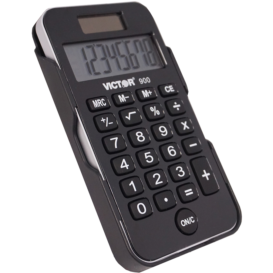 Victor 900 Handheld Calculator - Protective Hard Shell Cover, Big Display, Independent Memory, Dual Power - 0.55" (14 mm) - 8 Digits - LCD - Battery/Solar Powered - 0.3" x 2.5" x 4.3" - Black - Rubber - 1 Each = VCT900