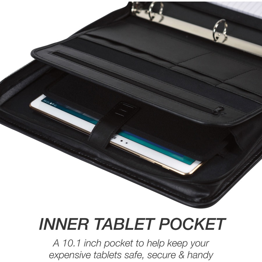 Samsill Letter Pad Folio - 8 1/2" x 11" - 3 Fastener(s) - 1" Fastener Capacity for Folder - 2 Exterior, Internal Pocket(s) - Vinyl, Metal - Black - 1 Each